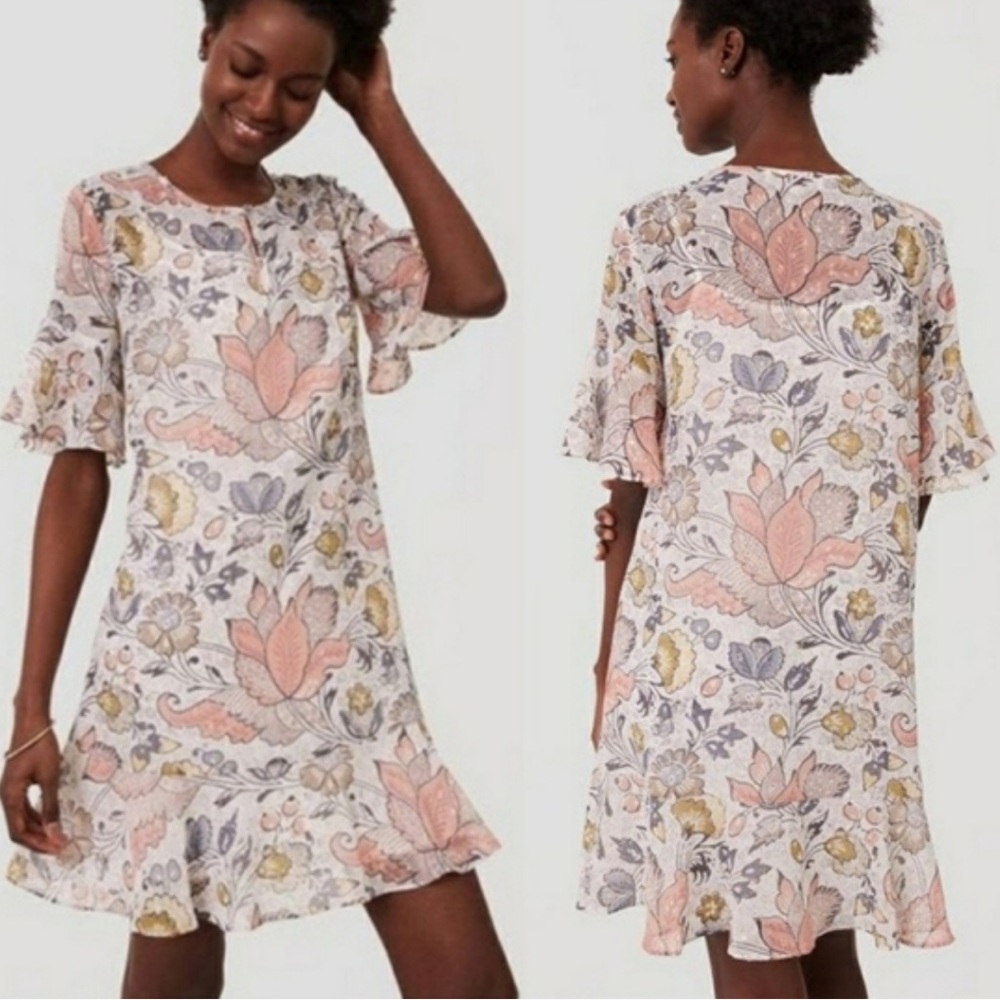 Pretty Gold flecked loft ruffle shift dress size L
